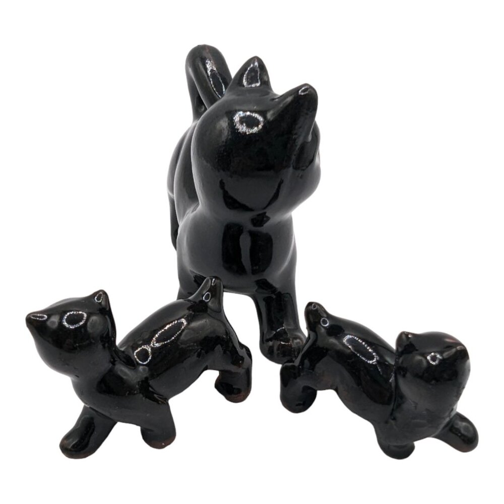 Vintage Ceramic Black Cats Mama with Two Kittens Kitschy Figurines MCM Redware - Picture 7 of 13